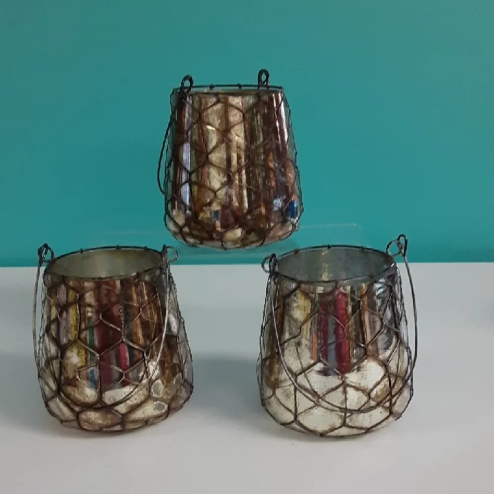 Terrain Lanterns, Rustic Cottage Style, 3 Set, Wire & Mercury Glass, Handle, NEW